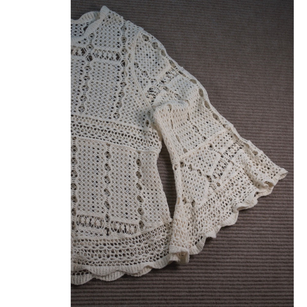 Boho Cream Cotton Crochet Open Knit Bell Sleeve Blouse Top M/L - Picture 5 of 9